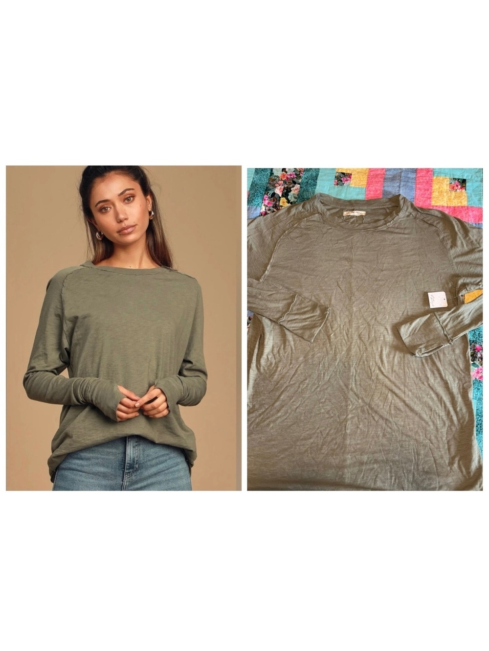 Free People We The Free NEW Arden Tee Woman’s Med Washed Army Green Long Sleeve